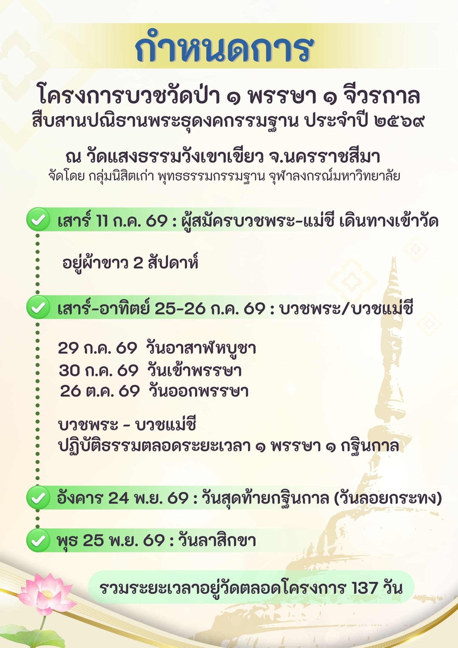 บวชพระฟรี ปี 69 กำหนดการ